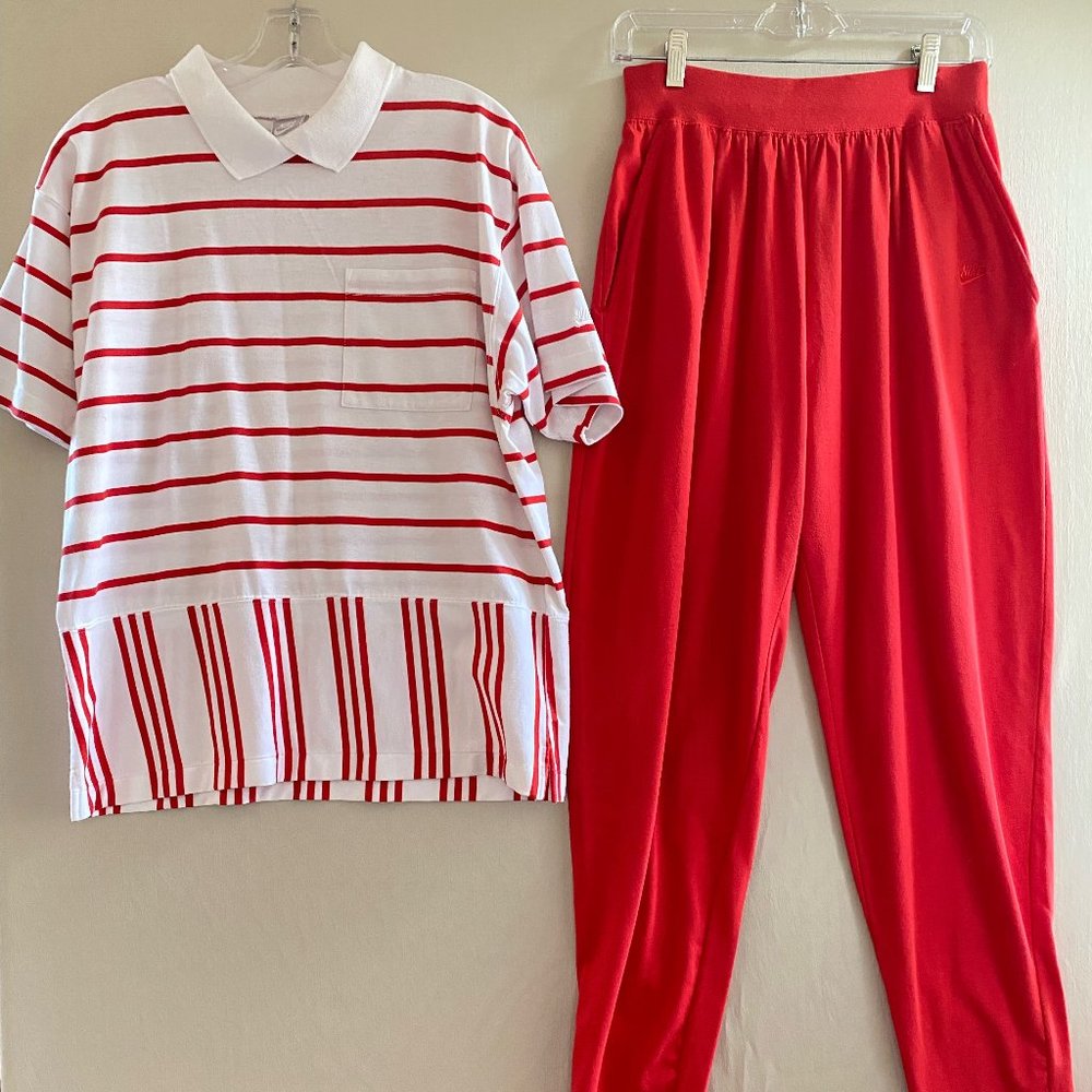 Vintage Nike Red Striped Polo And Red Sweatpants Matching Set